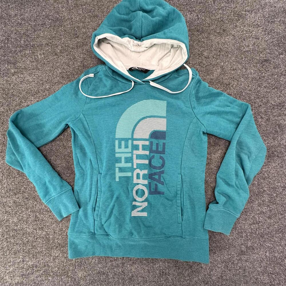 The North Face Womens Teal Blue Graphic Logo Fleece Hoodie XS Pullover 593